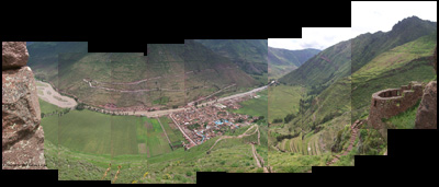 View of Pisac town from ruins